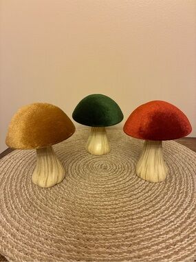 Velvet Mushroom Trio in Gold, Green, and Rust